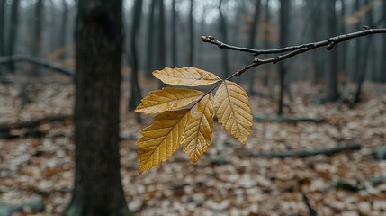 Canvas Print -   A leaf, hanging from a tree branch in a forest, is covered in leaves