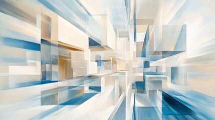 Poster - Abstract Painting of Intersecting Blue and Beige Geometric Shapes