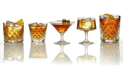 Poster -   A collection of four glasses containing diverse beverages, adorned with orange slices and olive pits