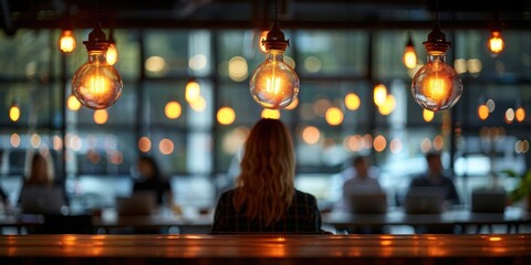 Wall Mural - A modern open office space with warm lighting, featuring several lightbulbs hanging from the ceiling, and individuals working on laptops at communal tables, fostering a collaborative work environment