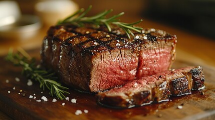 Sticker -   Steak on a cutting board with rosemary