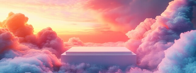 White platform in a dreamy pink and orange sunset sky with clouds.