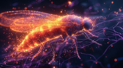 Wall Mural -   A high-quality photo of a close-up fly on a dark background with numerous illuminated spots within its body