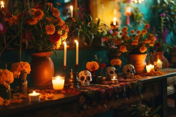 Warm and Intimate Día de los Muertos Altar with Marigold Flowers and Flickering Candles for Holiday Celebration