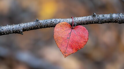 Sticker -   A heart-shaped leaf dangles on a tree's limb during autumn, surrounded by falling foliage