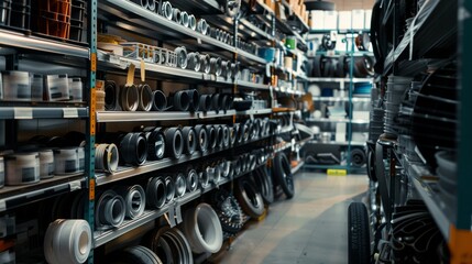 Wall Mural - Stainless steel-lined aisles in an industrial supply store brim with meticulously organized mechanical components.