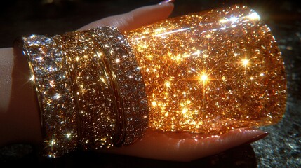 Poster -   A close-up of a person's hand holding two golden bracelets with shiny glitters on their outer surfaces