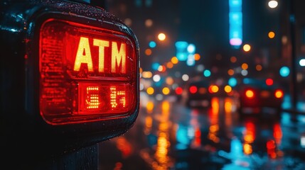 Wall Mural - A brightly illuminated ATM sign glows red on a rainy city street at night, with blurred background lights creating a vibrant and dynamic urban scene