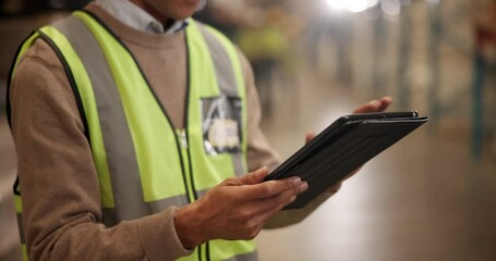 Aufkleber - Shipping, tablet and hands of person in warehouse for website, planning and online inspection in factory. Distribution, manufacturing and worker on digital tech for logistics, inventory or production