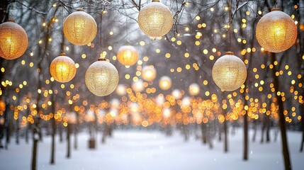 Wall Mural -   A few lights dangling from a tree in a snow-covered park amidst trees and snowy terrain in the background