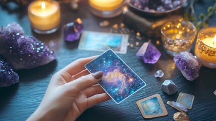 Exploring tarot cards and crystals during a mystical evening ritual for guidance and intuition