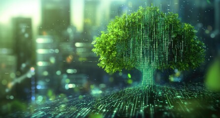 Wall Mural - A green tree with digital data streams growing in a city, symbolizing the merging of nature and technology.