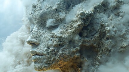 Wall Mural - abstract stone face emerging from smoke - surreal digital art