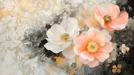 Wall Mural -   A painting depicts three white and pink flowers against a monochromatic backdrop of black and white, featuring a central yellow hue