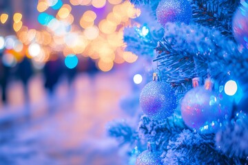 Close-up of a Christmas tree with shimmering blue and pink ornaments against a background of glowing bokeh lights, creating a festive, dreamy, and magical holiday mood.