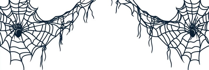 Wall Mural - spider webs hanging in the corners of a white background, simple line art style, cartoon with black 