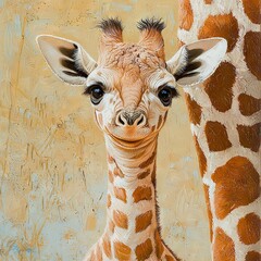 Wall Mural -   A painting of a giraffe with a baby giraffe standing next to its head, in front of a wall