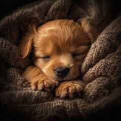 Poster -   Small brown dog resting on wooden floor covered by two blankets