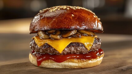   Wooden table, cheeseburger w/mushrooms & ketchup