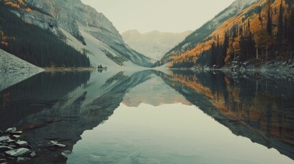  Crystal clear alpine waters perfectly mirror the rugged mountain landscape and colorful autumn forest under a clear sky.