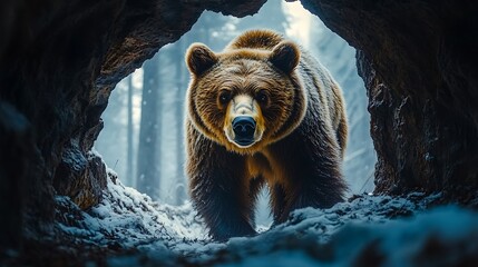 Wall Mural - a brown bear emerges from a cave in a snowy forest, looking directly at the viewer.