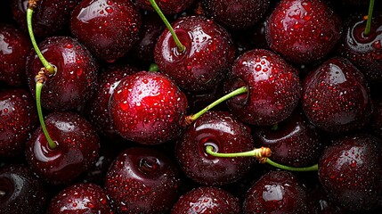 Sticker -   Cherries photographed from above, showing water droplets on their tops