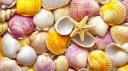 Wall Mural -   A cluster of seashells featuring a starfish nestled among them on a bed of other shells