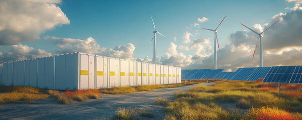 concept of energy storage batteries system, wind power, wind turbines and li-ion battery container, 
