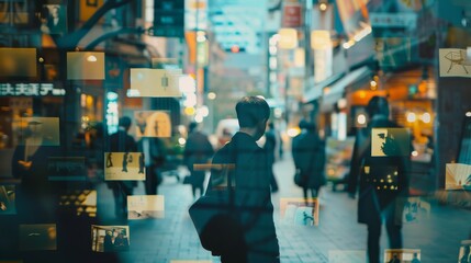 Poster - A bustling street scene reflects through a window filled with photo prints, creating a layered, dynamic view of urban life.