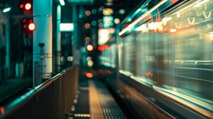 Wall Mural - An express train speeds by a city platform, its vibrant lights blending with the night’s atmospheric glow, creating a captivating urban scene.