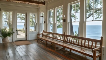 Wall Mural - Charming Coastal Entrance Featuring Rustic Bench and Open Frame for a Warm Welcome