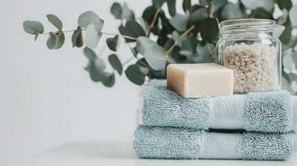 Poster -   Two towels, one on top of the other, lay beside a jar of soap and a bar of soap in blue hues