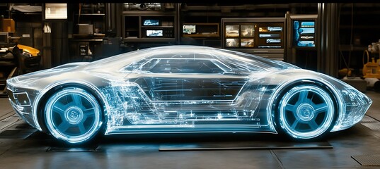 Poster - A holographic display of a futuristic car with interactive features