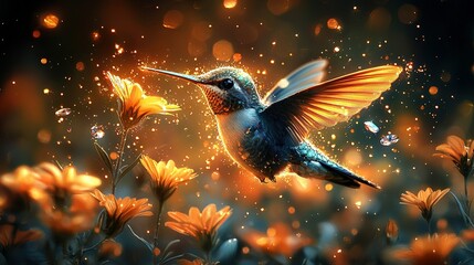 Poster -   A hummingbird painting in flight with a flower in the foreground and water droplets in the background