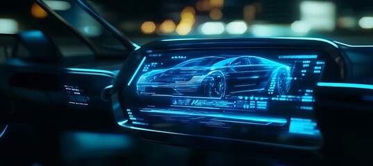 Poster - A holographic display of a futuristic car with interactive features