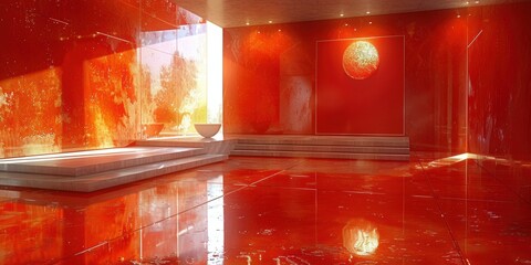 Wall Mural - A modern interior with a stunning reflective floor bathed in warm sunlight highlights a stylish setting featuring bold red tones and contemporary artwork