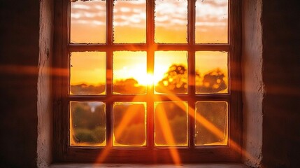 Wall Mural -   Through the window, the sun shines brightly, framing lush trees and an open sky beyond