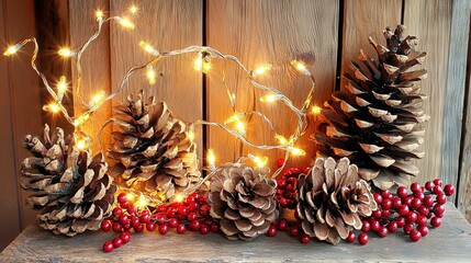 Poster -   A group of pine cones sits atop a table beside a cluster of berries and a single pine cone