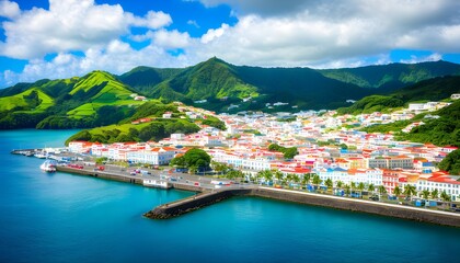 Spectacular Horta city on Faial Island of Azores embraced by stunning ocean views and lush hills