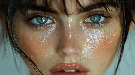 Wall Mural - Close-Up Portrait of a Woman with Wet Skin and Intense Gaze