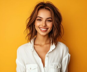 Canvas Print - Young woman with wavy hair in a white shirt on a yellow background