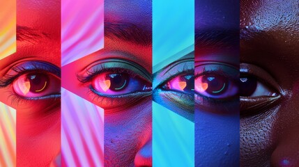 Collage of close-up male and female eyes isolated on colored neon background. Multicolored stripes. Concept of equality, unification of all nations, ages and interests. Diversity and human rights