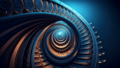 Poster - infinite spiral staircase, baroque, rococo, dark blue background, dramatic lighting, spiral, ultra detailed