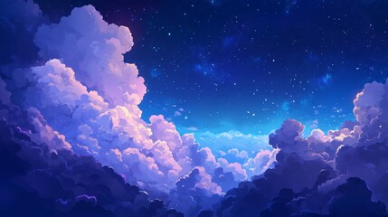 Wall Mural - Night Sky with Puffy Clouds and Sparkling Stars