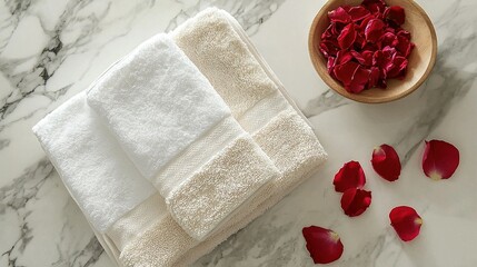 Canvas Print -  A white towel with a bowl of rose petals on a marble countertop and another bowl of rose petals nearby