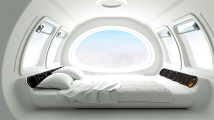 Poster - Bright white bedroom in futuristic style. Modern interior design of apartment or hotel room