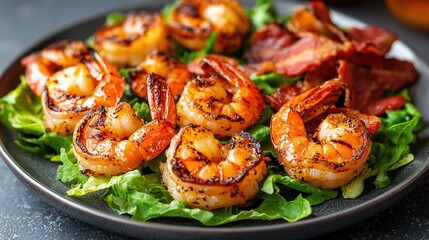 Poster -   A plate of grilled shrimp and bacon on a bed of lettuce with lettuce and bacon