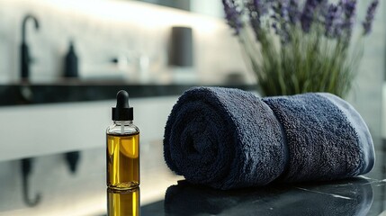 Wall Mural -   Close-up shot of an oil bottle on a counter, accompanied by a towel and lavender flowers in the background