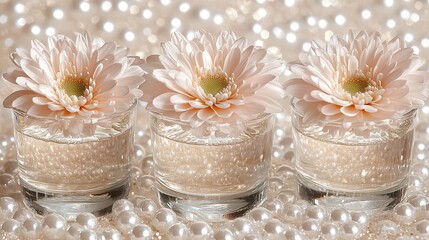 Sticker -   Three vases, each holding white pearls and a pink flower