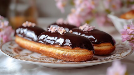 Poster -  Two chocolate-covered donuts on a plate, adorned with pink flowers on either side